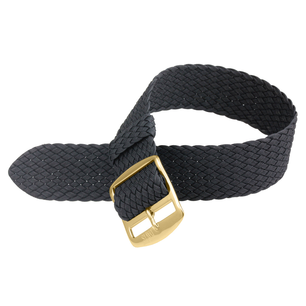 18mm Cinturino Orologio Perlon Nylon Nero di qualita Fibbia Oro Giallo B0310G Davis