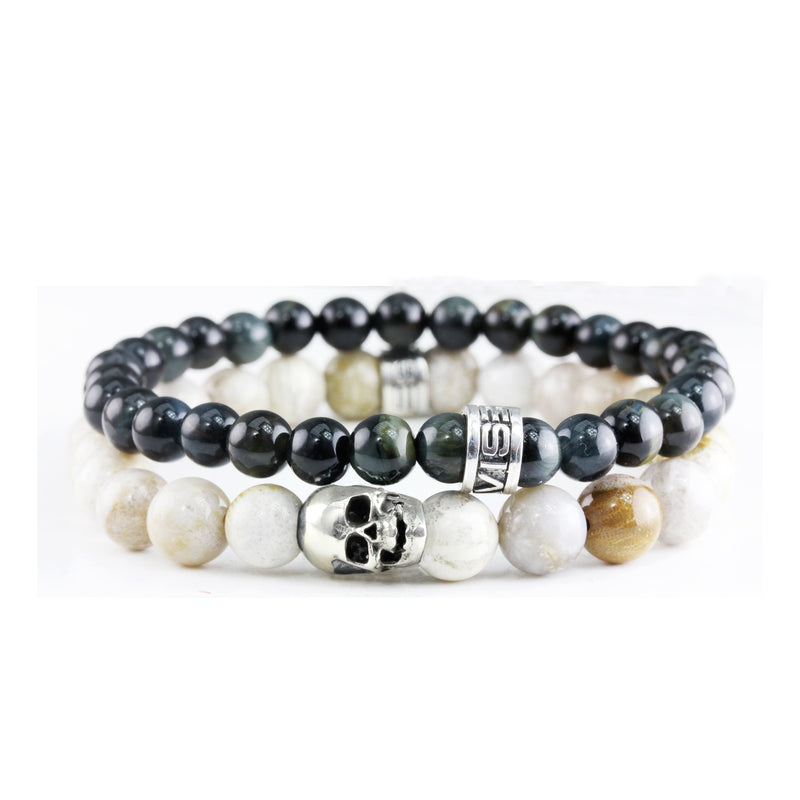 Bracelet Duo Skull Corail F. - Oeil de Tigre Bleu