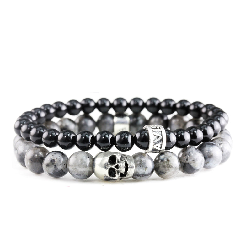 Bracelet Duo Skull Larvikite - Onyx Poli et argent