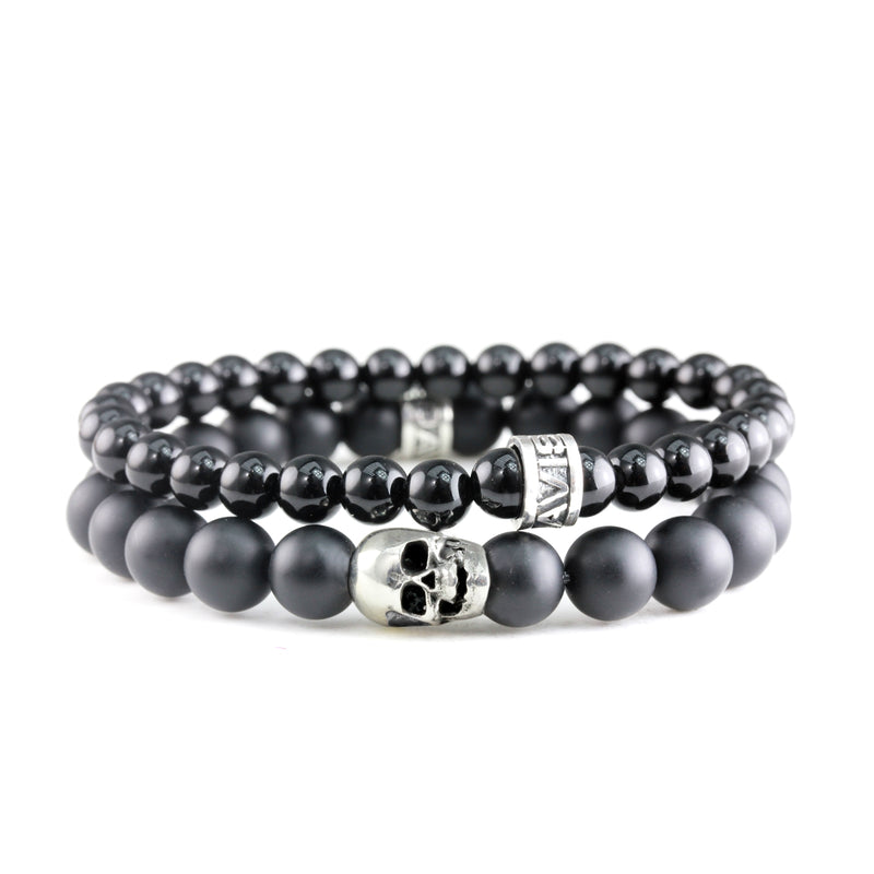 Bracelet Duo Skull Onyx Mate - Onyx Poli et argent