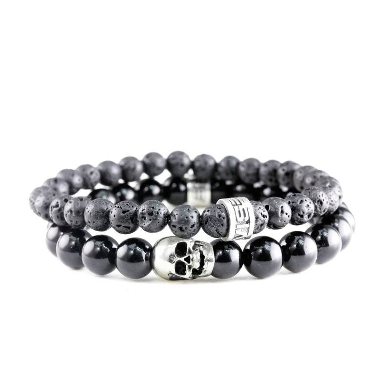 Bracelet Duo Skull Onyx Poli - Lava et argent